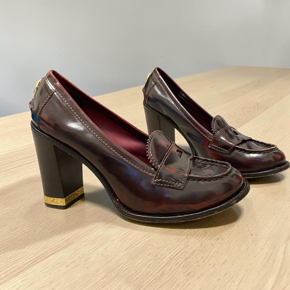 Tory Burch Patent Burgundy Block Heel Loafers with Gold Trim